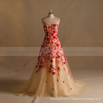 A Line Lace Red Gold Wedding Dress Pictures